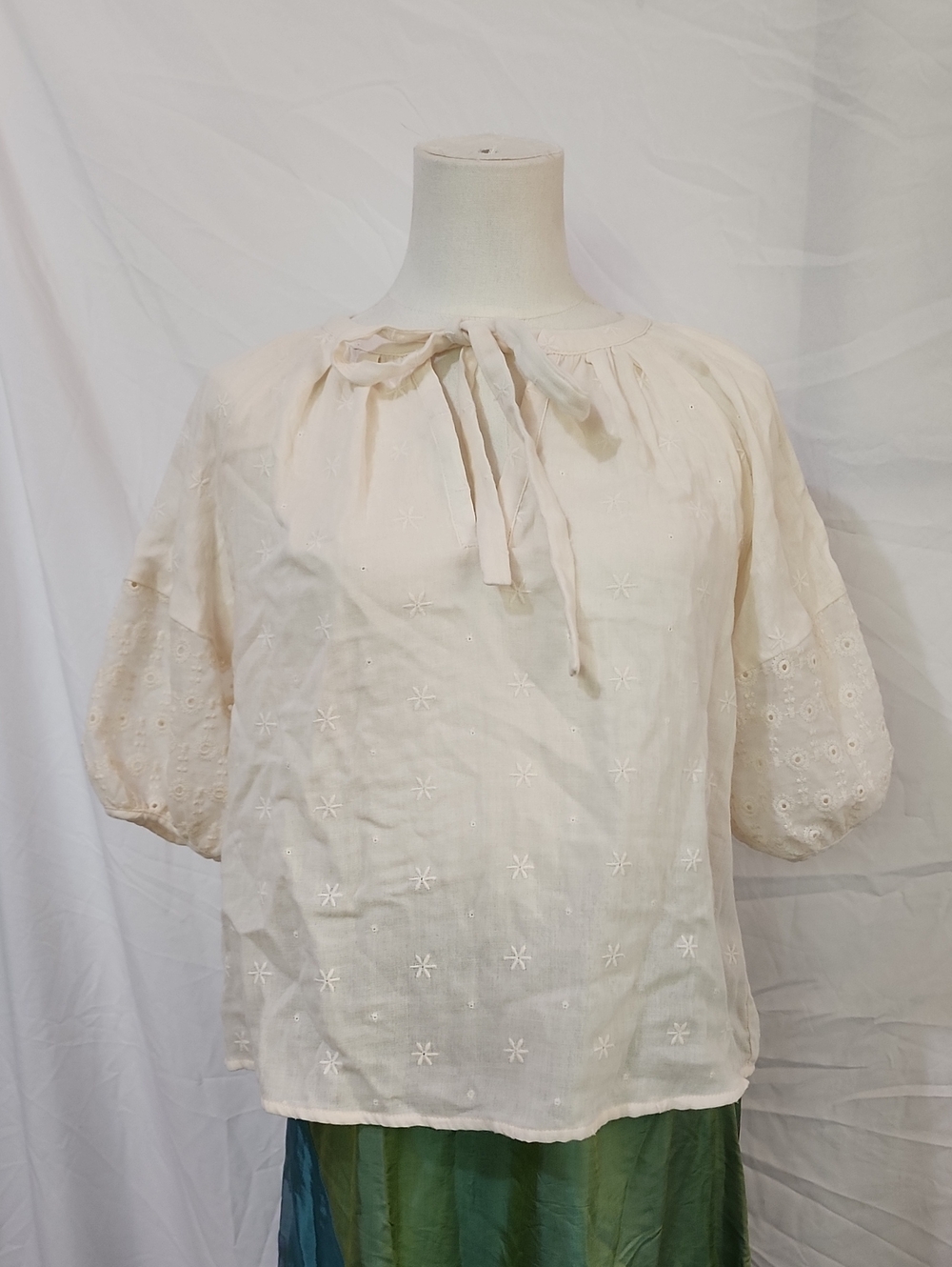 Mystree Ivory Embroidered Tie-Neck Blouse